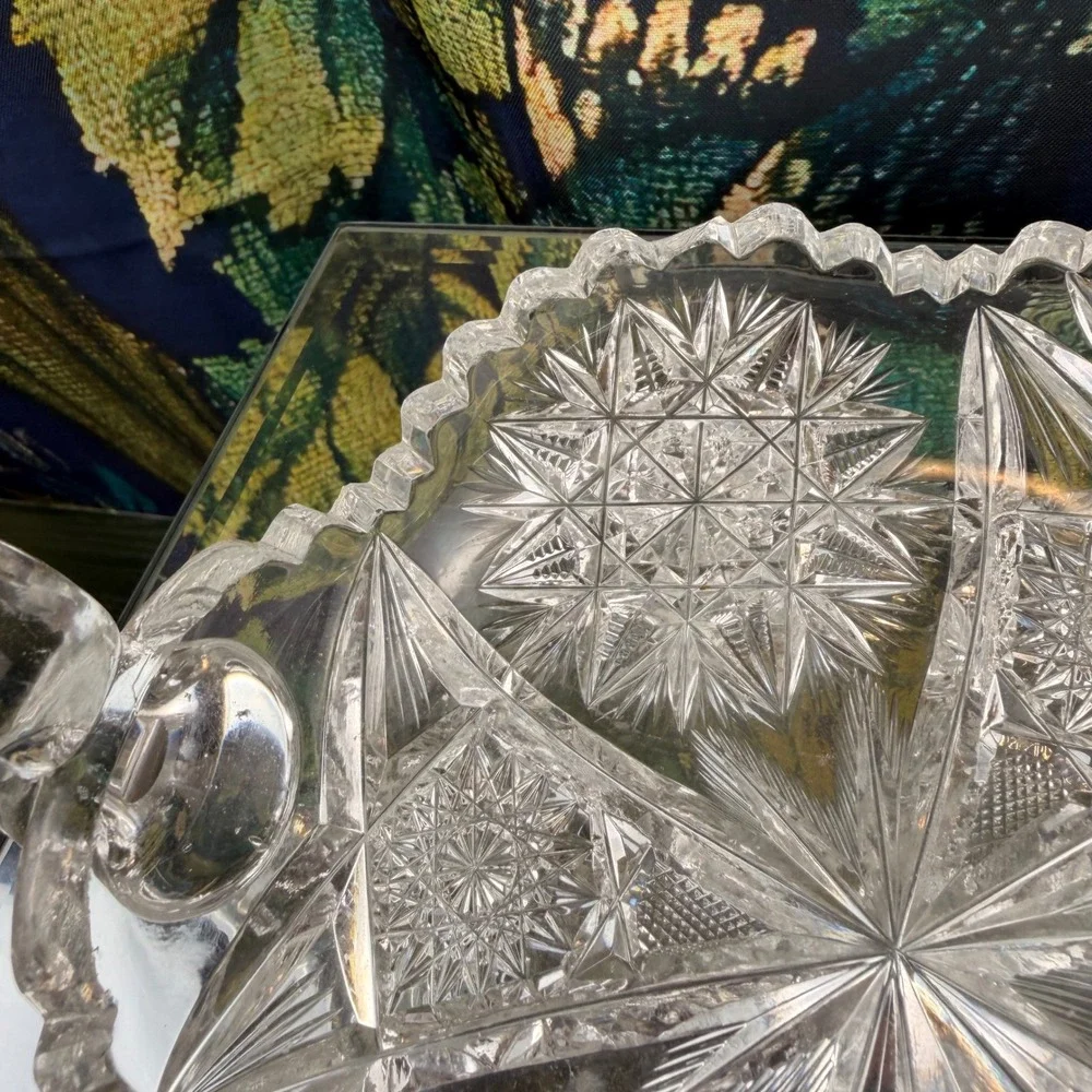 Antique American Brilliant Period Cut Glass Nappy Dish Star Pattern Sawtooth Rim